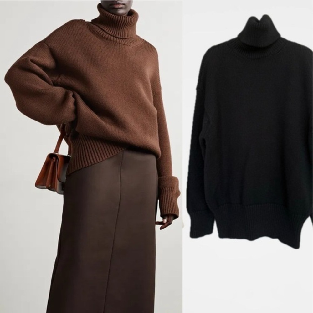 The Row Ludo Merino Wool Black High Neck Turtleneck Long Sleeve Sweater L / XL